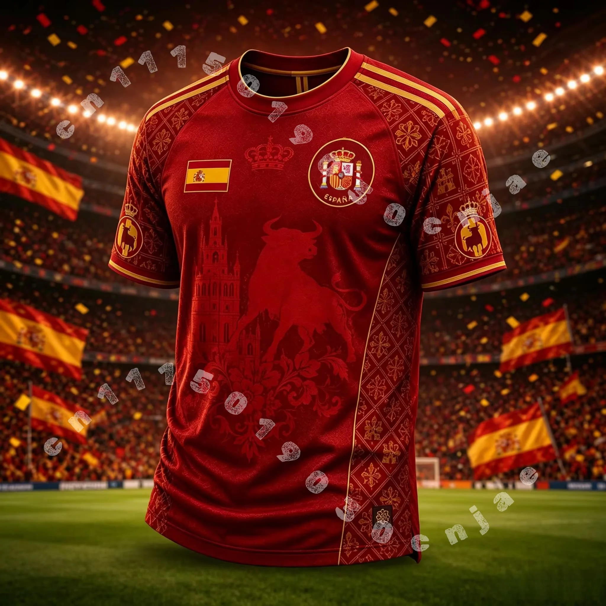 Schnell trocknendes Fußballtrikot für Herren, rotes Fußball-Fan-T-Shirt mit goldenem Stier-Kathedralen-Prägedruck und kurzen Ärmeln für den Trainingssport – Detail 1