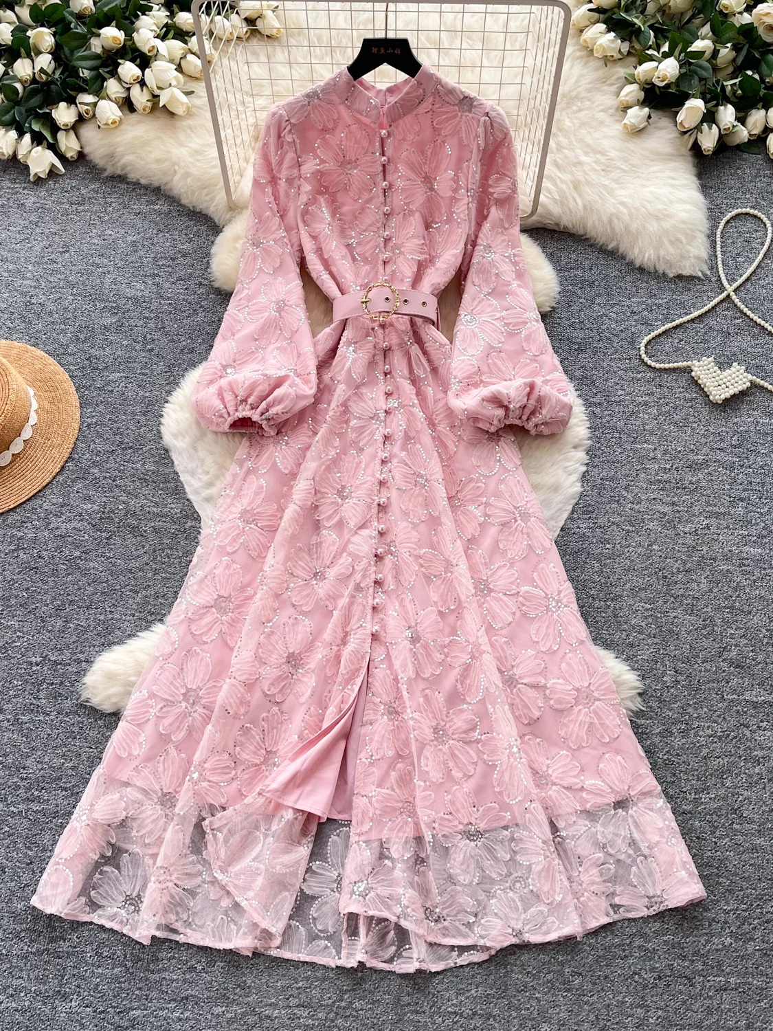Elegant Lace A-Line Dress Women's Slimming Waist High Waist Long Lantern Sleeve Stand Collar Romantic Style City Commute