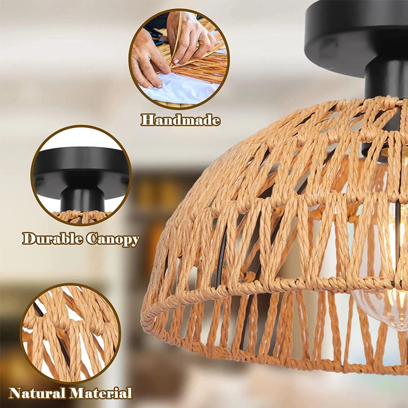 Bohemian Rattan Ceiling Light with Mid-Century Handwoven Pendant Design E27 Base modest ceiling lamps home decor