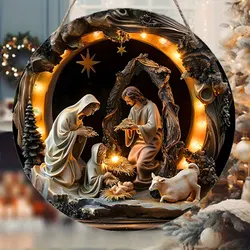 Cena de natividade sinal de madeira guarda jesus guirlanda de natal sinal redondo para porta da igreja decoração de suspensão de parede presente ideal para cristão