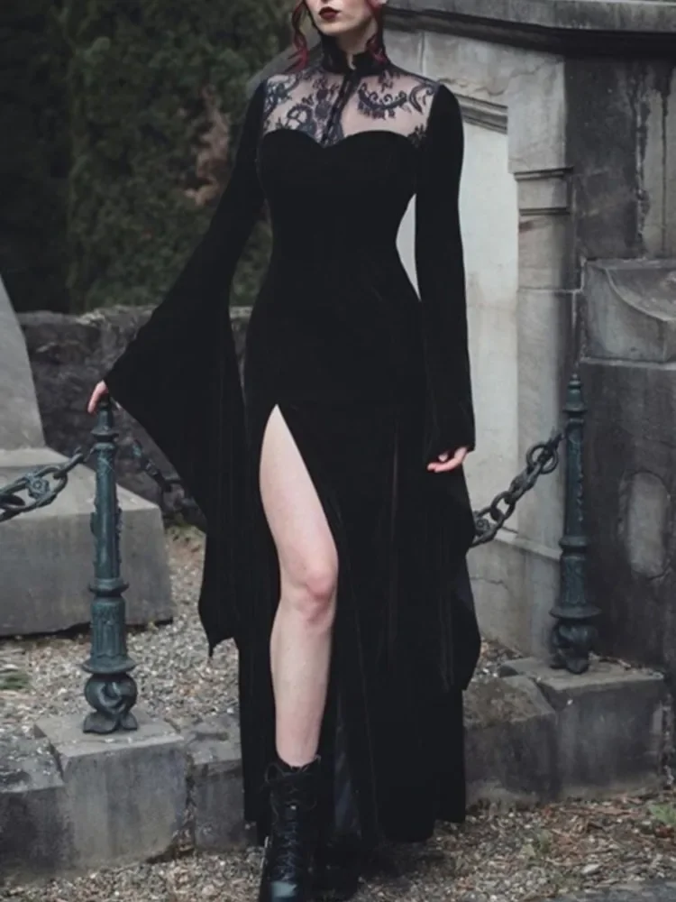 เดรสยาวสีดำทรงเอวสูง แขนบาน แต่งลูกไม้เว้าสไตล์โกธิค เหมาะสำหรับงานปาร์ตี้ฮาโลวีน แฟชั่นสตรีท สไตล์คลับแวร์