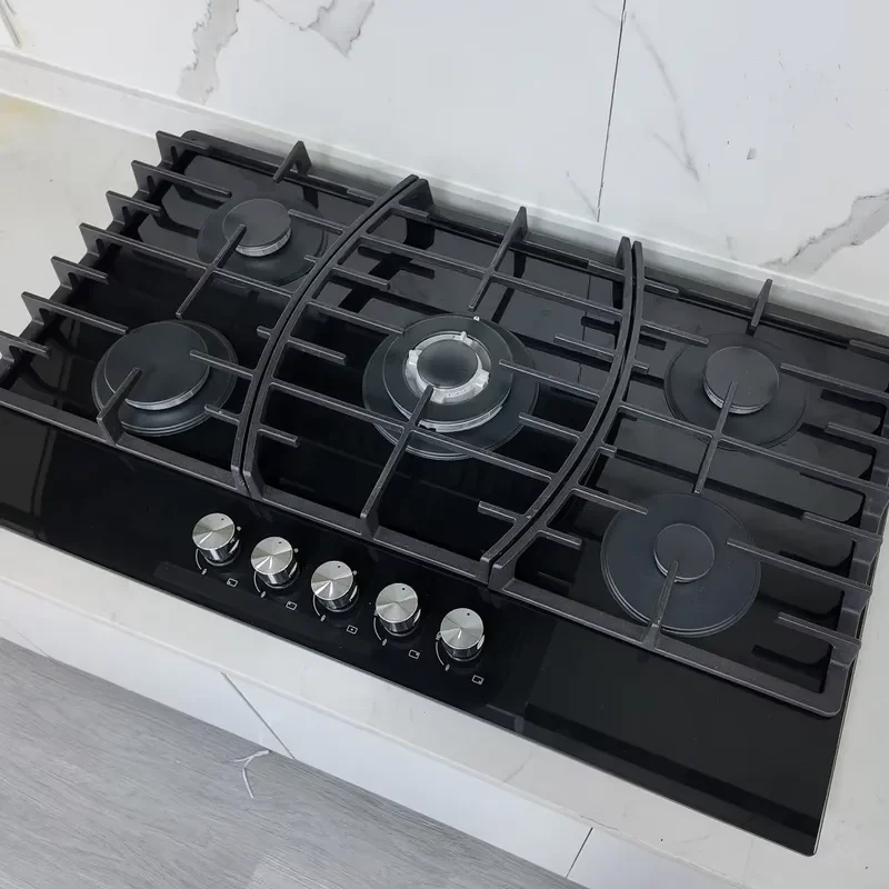 Kitchen cooking equipment 5 burner head embedded gas stove, tempered glass panel, simple installation, easy to clean