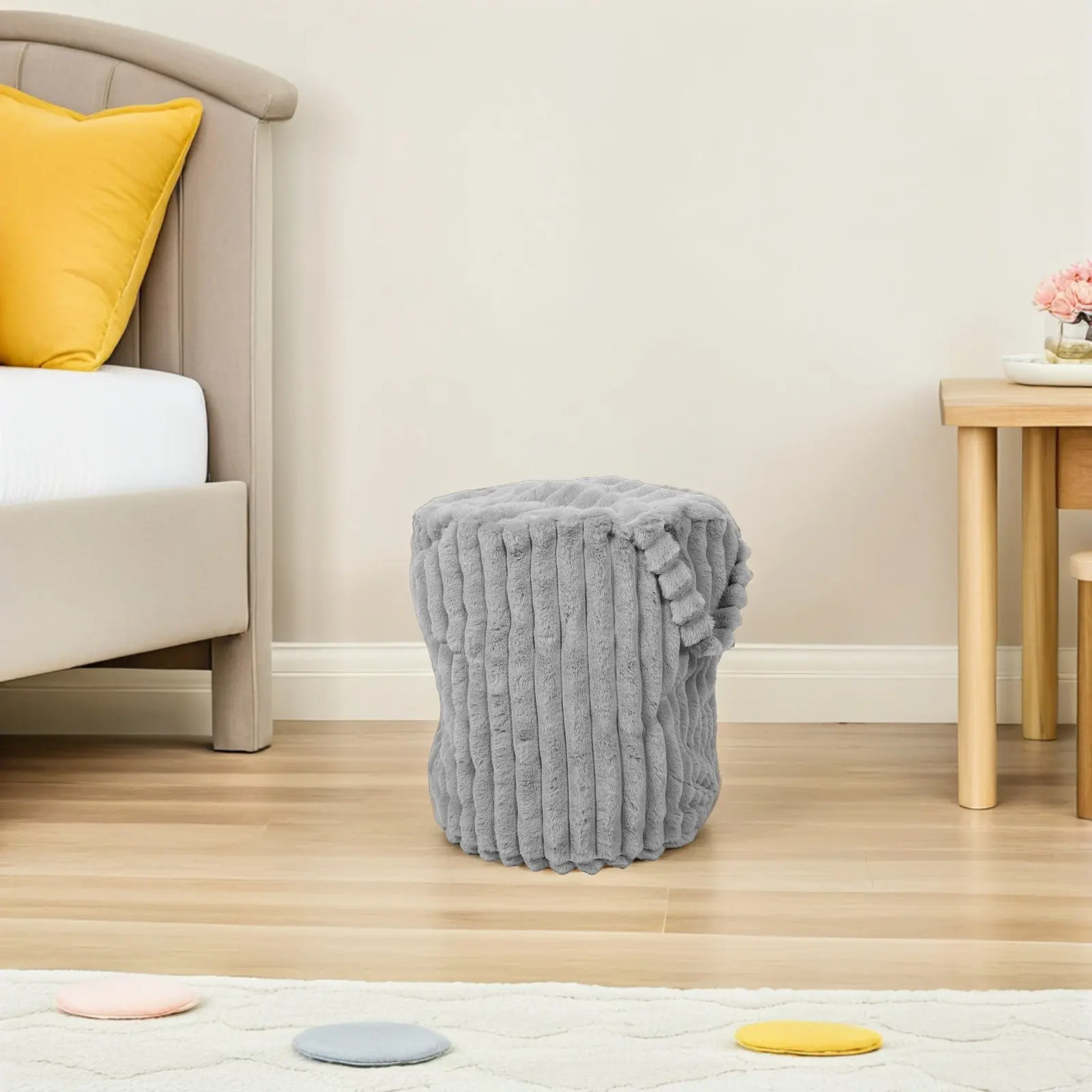 Round Pouf Cover Unstuffed Ottoman Foot Stool Cover Grey 15.75x15.75x15.75in Washable Non Slip Seat Slipcover for Living Room