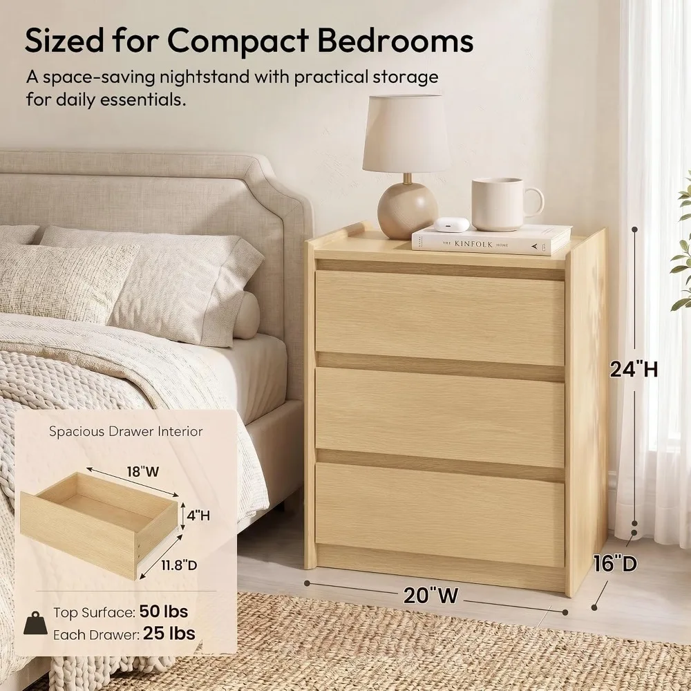 Natural Oak Nightstand with Charging Station, 24