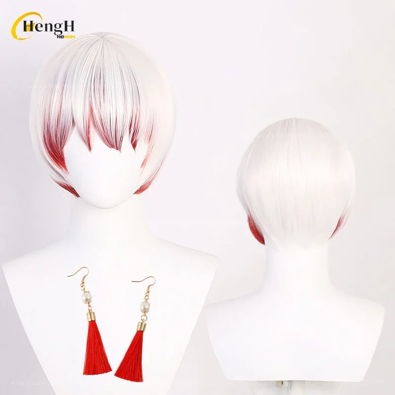 Anime Tetcho Suehiro sintetis uniseks 30cm Wig Cosplay gradien merah putih dengan anting Wig pesta rambut tahan panas + topi Wig