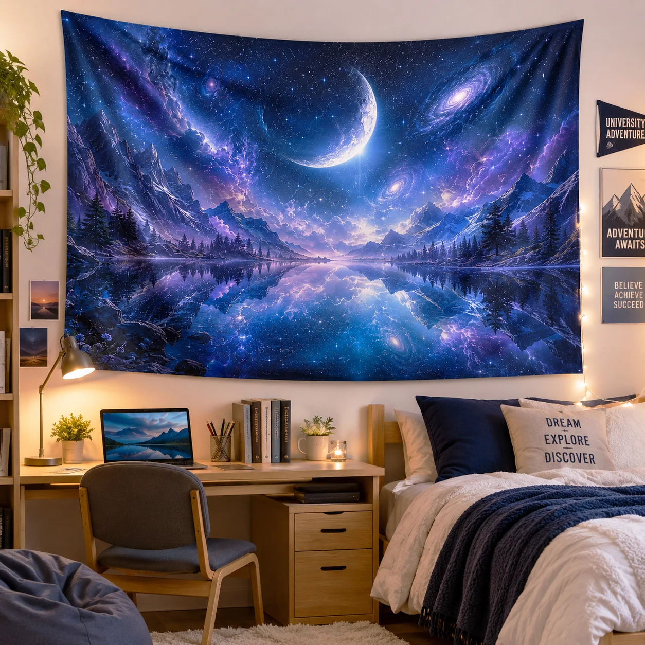 Galaxy Moon Wall Tapestry Cosmic Starry Sky Space Landscape Hanging Decor for Dorm Bedroom Gaming Room