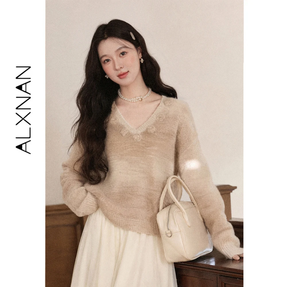 ALXNAN V-neck Gradient Grey Apricot Sweater for Women Autumn Winter 3D Floral Design Drop Shoulder Pullover Top Ladies L680103A