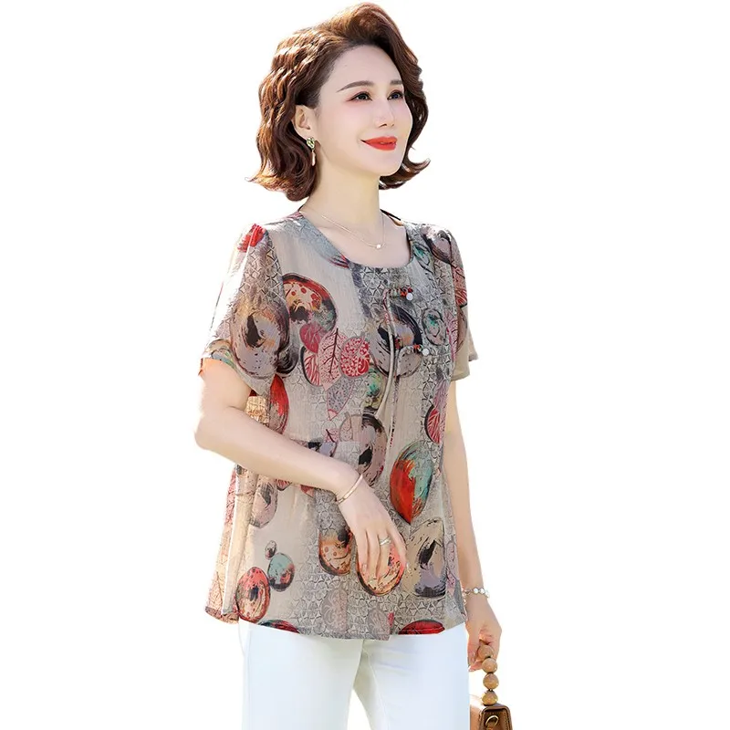 Summer Vintage Broken Flowers Blouse Commute Female Clothing Folk Casual Round Neck Short sleeved Shirt