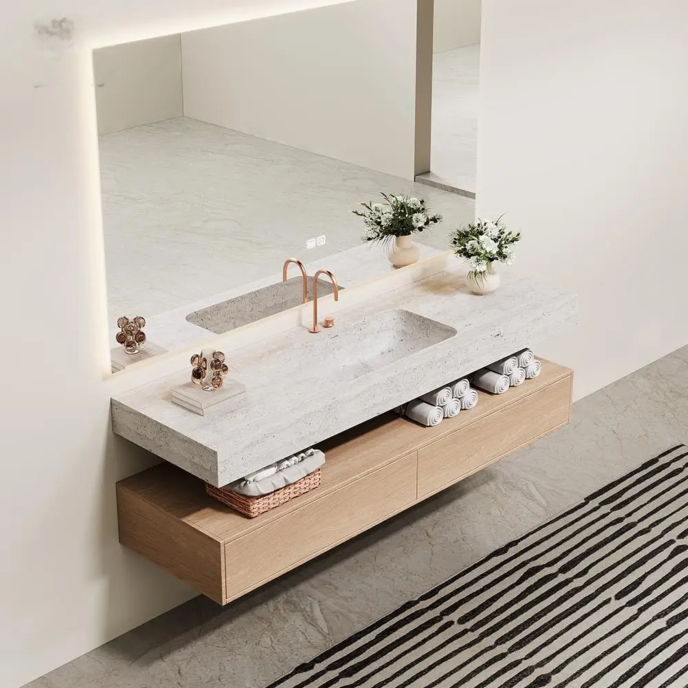Luxury Stone Wall-Hung Integrated Sink: Black White Marble Undermount Basin Modern Bathroom Vanity