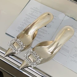 Eilyken New Fashion Crystal Thin Heels Mules Women Slippers Elegant Pointed Toe Banquet Party Prom Ladies Shoes