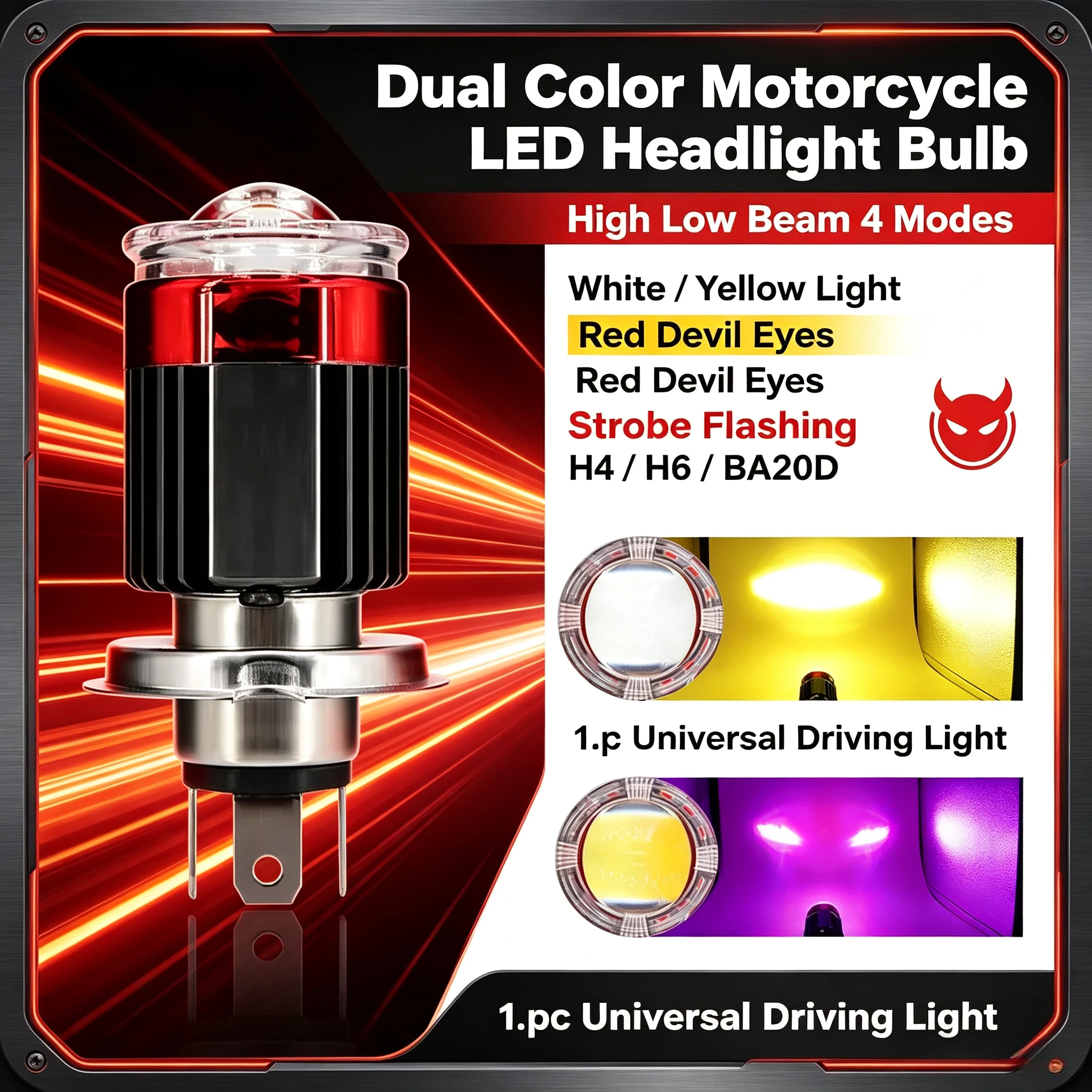 1Pc Dual Color White Yellow Motorcycle LED Headlight Bulb H4 H6 BA20D Red Devil Eyes High Low Beam 4 Modes Strobe Flashing Drivi