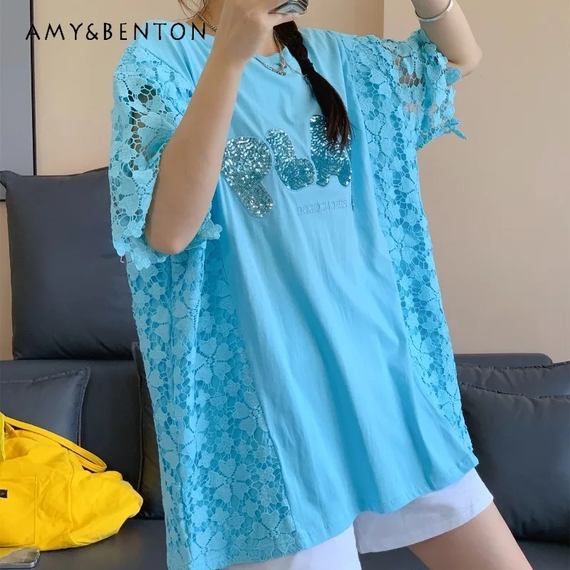 

Temperament Hollow Medium And Long Short-sleeved T-shirt Women's 2025 Summer Lace Design Sense Thin Half-sleeved Trendy Tshirts