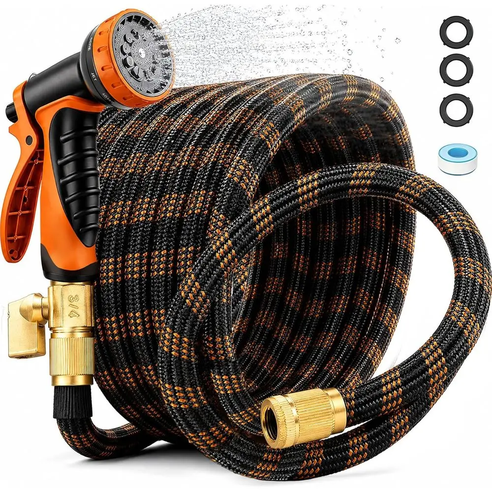 Non-Expandable Garden Hose 50ft, Ultra Lightweight Flexible Water Hose with 10-Function Spray Nozzle, Kink-Free and Leak-Proof D