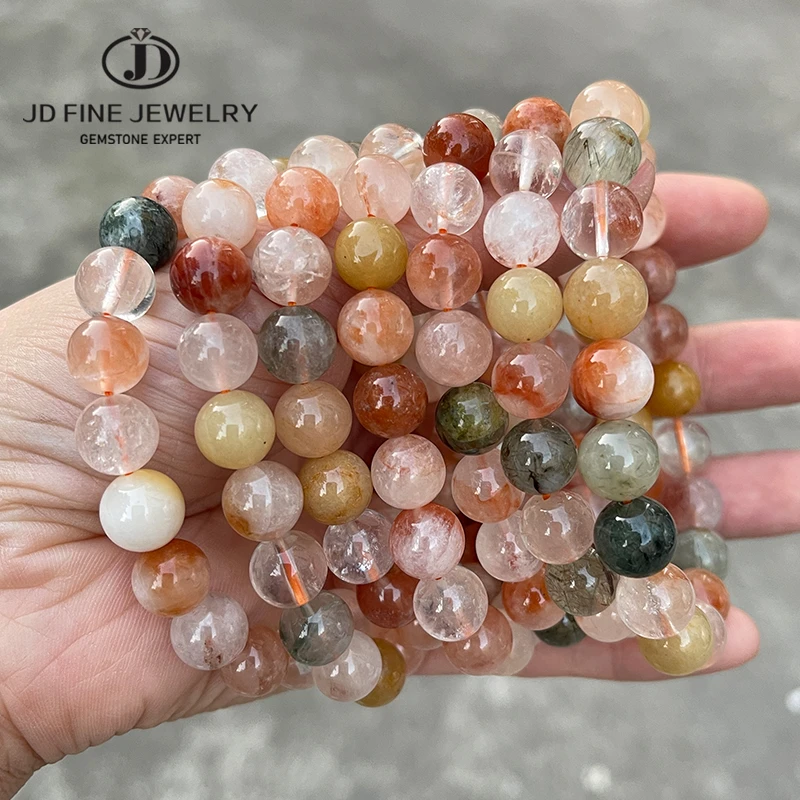 

JD Natural Stone Dark Red Rutilated Quartz Colorful Crystal Charm Bracelets Women Simple Round Bead Stretch Healing Yoga Jewelry