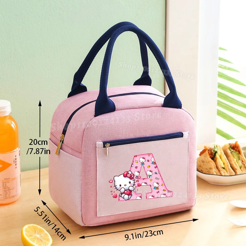 

Cute Hello Kitty Girl's Pink Hand Lunch Bag Sanrio Letters A-Z Anime Print Kids Student Lunch Box Women Office Thermal Case New