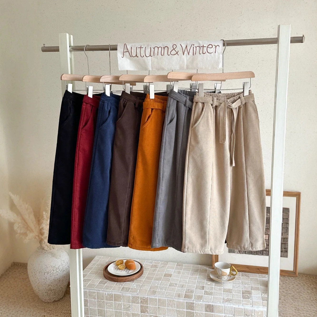 Children Pants 2026 Winter Girls and Boys Spliced Lace Up One-piece Velvet Pants Children Versatile Corduroy Straight Tube