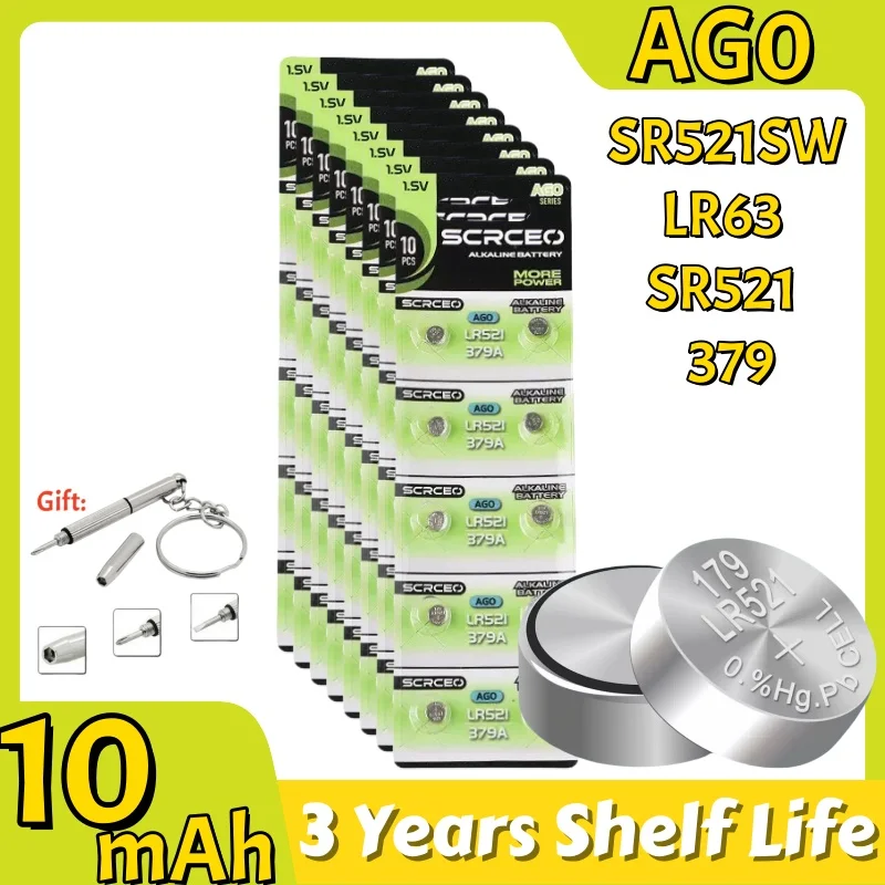10-160PCS AG0 Button Batteries High-Capacity 10mAH LR521 SR521SW 379A 379 D379 SR63 1.5V Alkaline Coin Cell Watch Battery