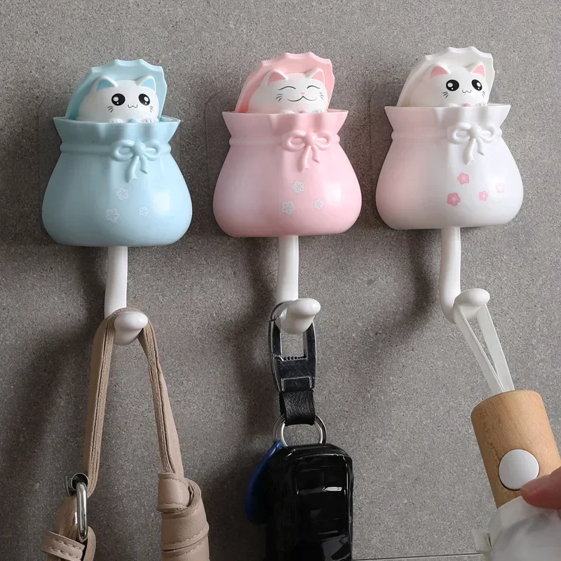 Creative Cute Cats and Cats Hooks Without Punching The Entrance Key Hooks Behind The Door Telescopic Coat Hooks Key Organizer