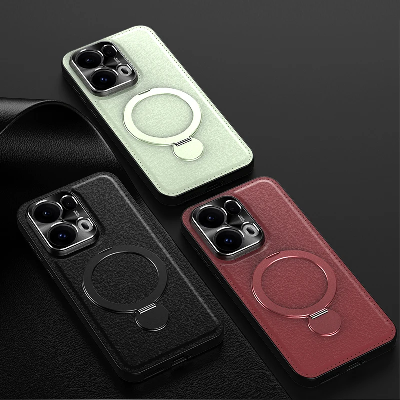 

For OPPO Reno 14 13 Pro 5G Holder Full Lens Protect Silicone Soft Phone Case Magnetic Wireless Charging Leather Back Cover Cases
