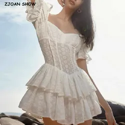2023 White Embroidery Hollow Out Hole Women Short Puff Sleeve Mini Dress Sexy Corset Slim Low Waist Ruffles Hem Ball Gown Robe