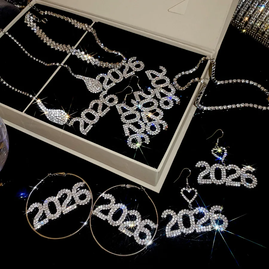 Conjunto de Joyería para Novia, Collar con Colgante Número 2026 y Pendientes Colgantes, con Pedrería Brillante, para Boda o Fiesta A