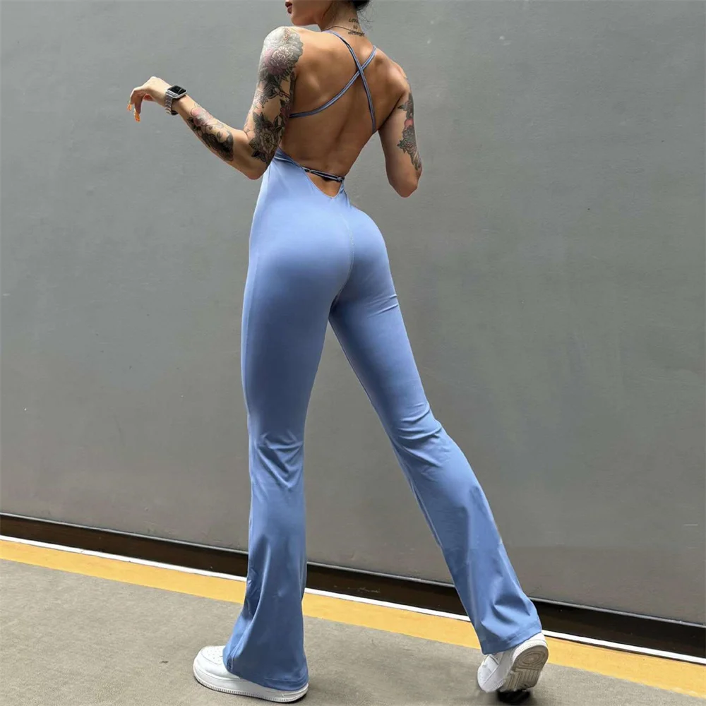 2024 Pad Adjustale Back Belt Bodycon Jumpsuit Women Sports Pant Fitness Flare Legging Outfit Gym Suits Bodysuit Female Yoga Sets