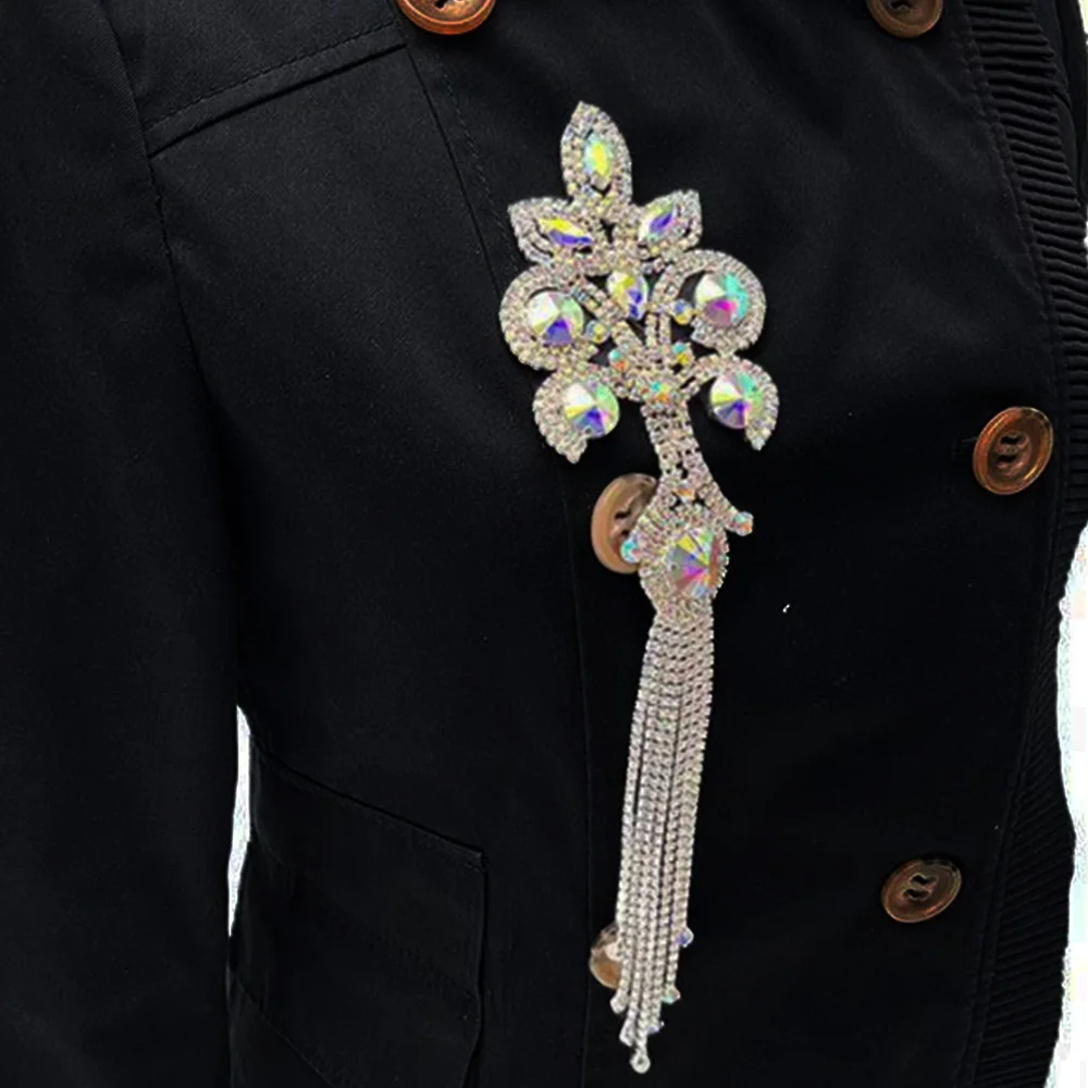 

Shiny High Quality AB Rhinestone Fringe Applique Shoulder Badge Gold Silver Crystal Glass Brooch For Wedding Shoes