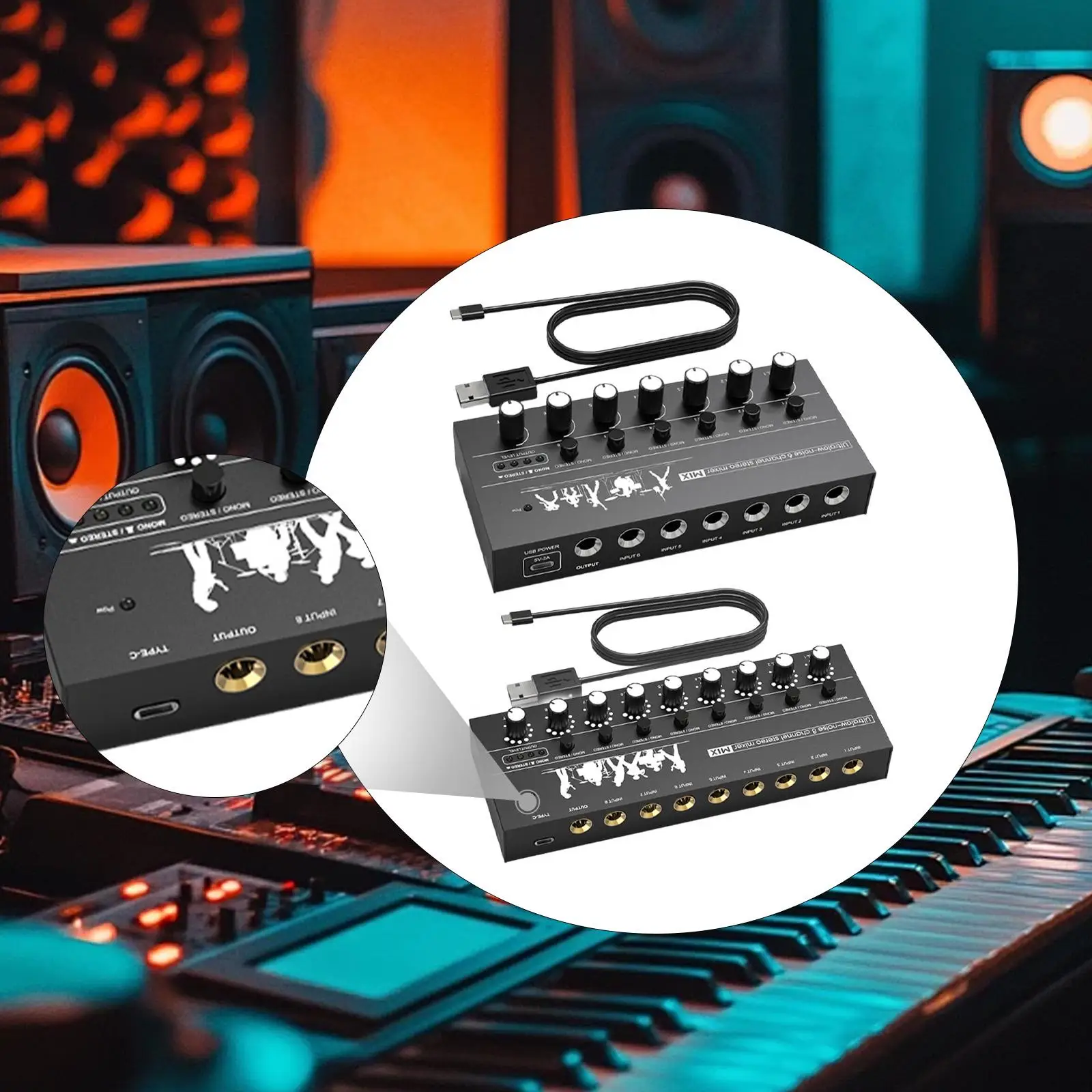 Line Mixer Professional Compact Portable DC5V Mini Audio Mixer Stereo/Mono TRS Output and Input for Bass PC Speaker Phone Club