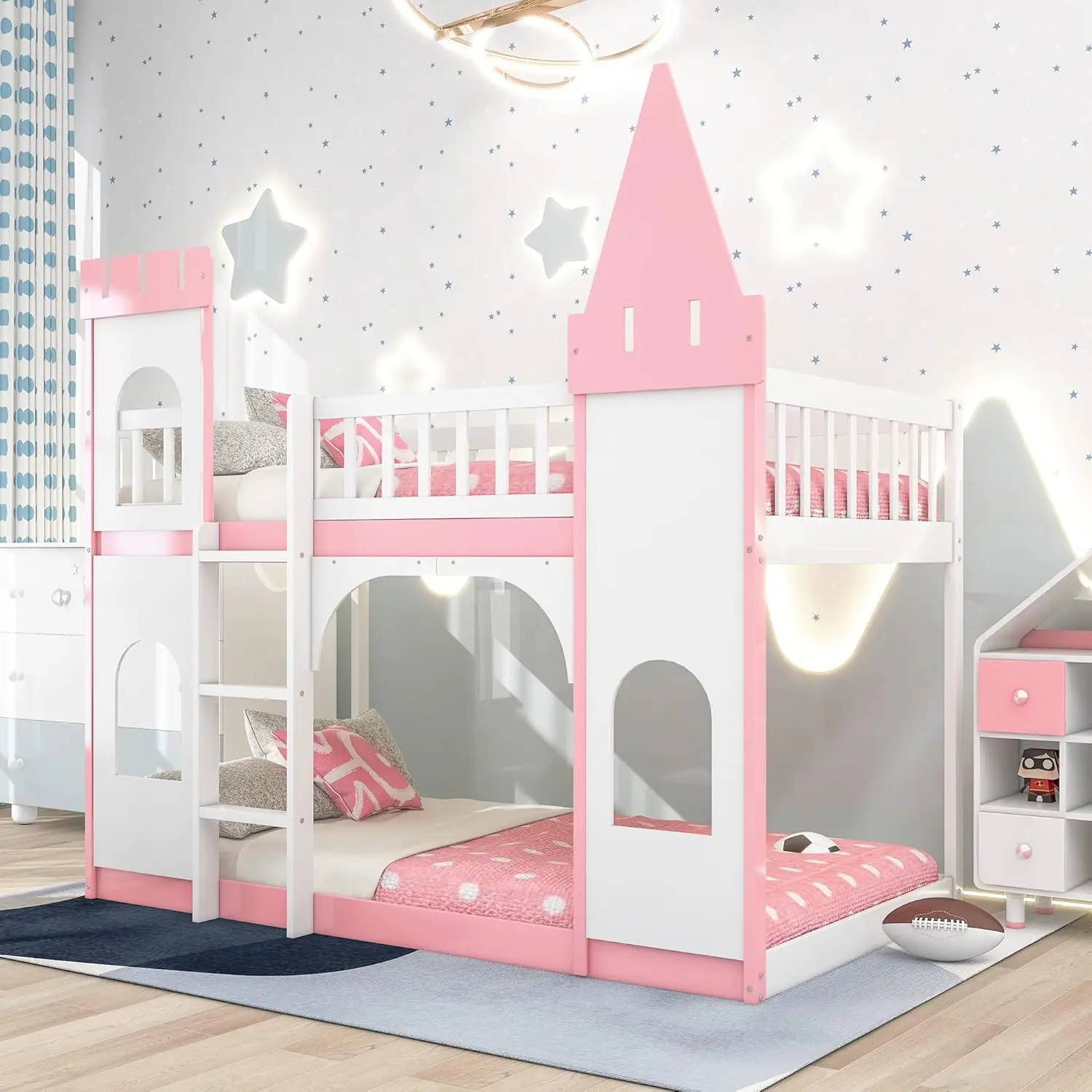 

Polibi Castle Bunk Bed, Twin Over Twin Solid Wood Bed with Ladder, Window and Full-Length Guardrail, Pink