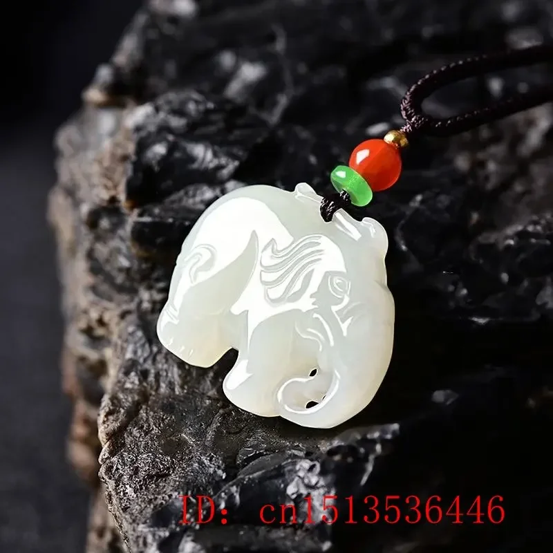 Chalcedony White Jade Elephant Necklace Natural Pendant Chinese Fashion Jewelry Carved Amulet Gifts Men and Women Sweater Chain