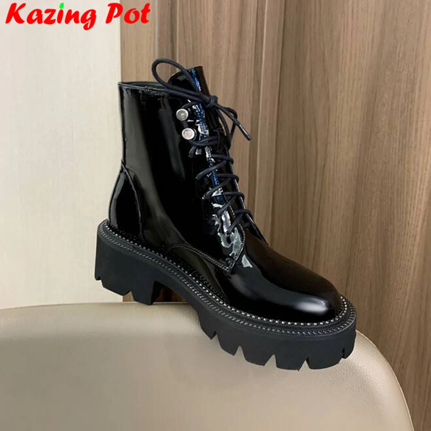 

Krazing Pot Cow Leather Brand European Thick High Heels Motorcycles Winter Shoes Plus Size Rivets Keep Warm Rock Ankle Boots L95