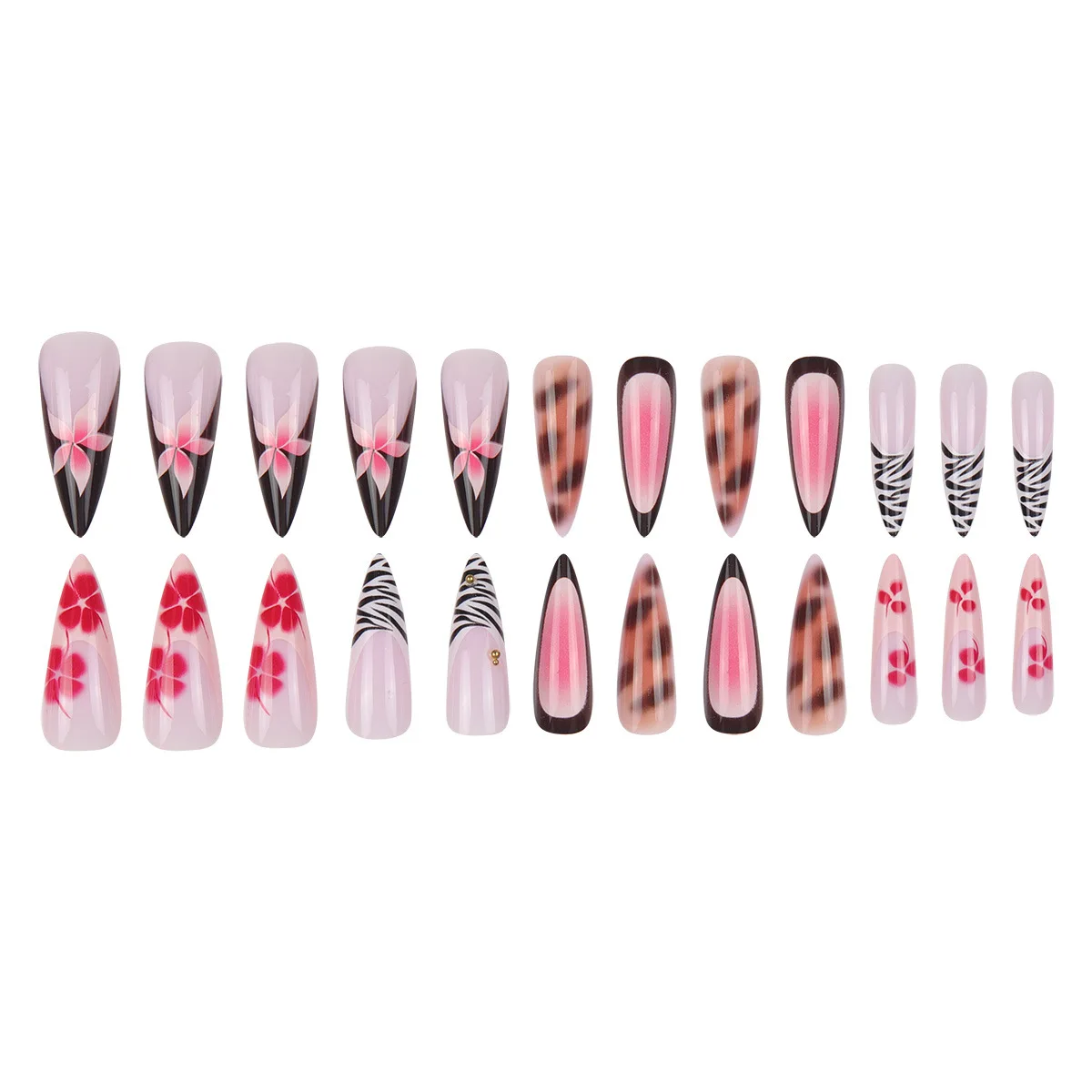 Nude fake nails with pink blue flowers print metal beads rhinestones design Almond shape nail tips press on false nail art view 6