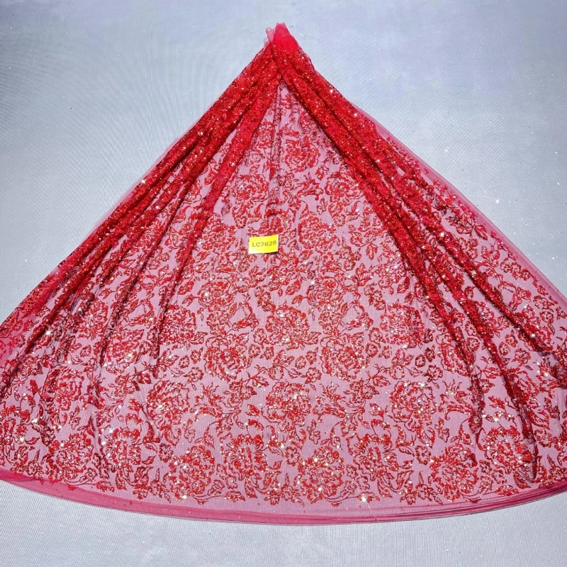 

10 Yards Red Fadhion Design Africa Glitter Fabric Embroidery Net Lace With Glued Glitter Sequins Wedding Or Party Dress