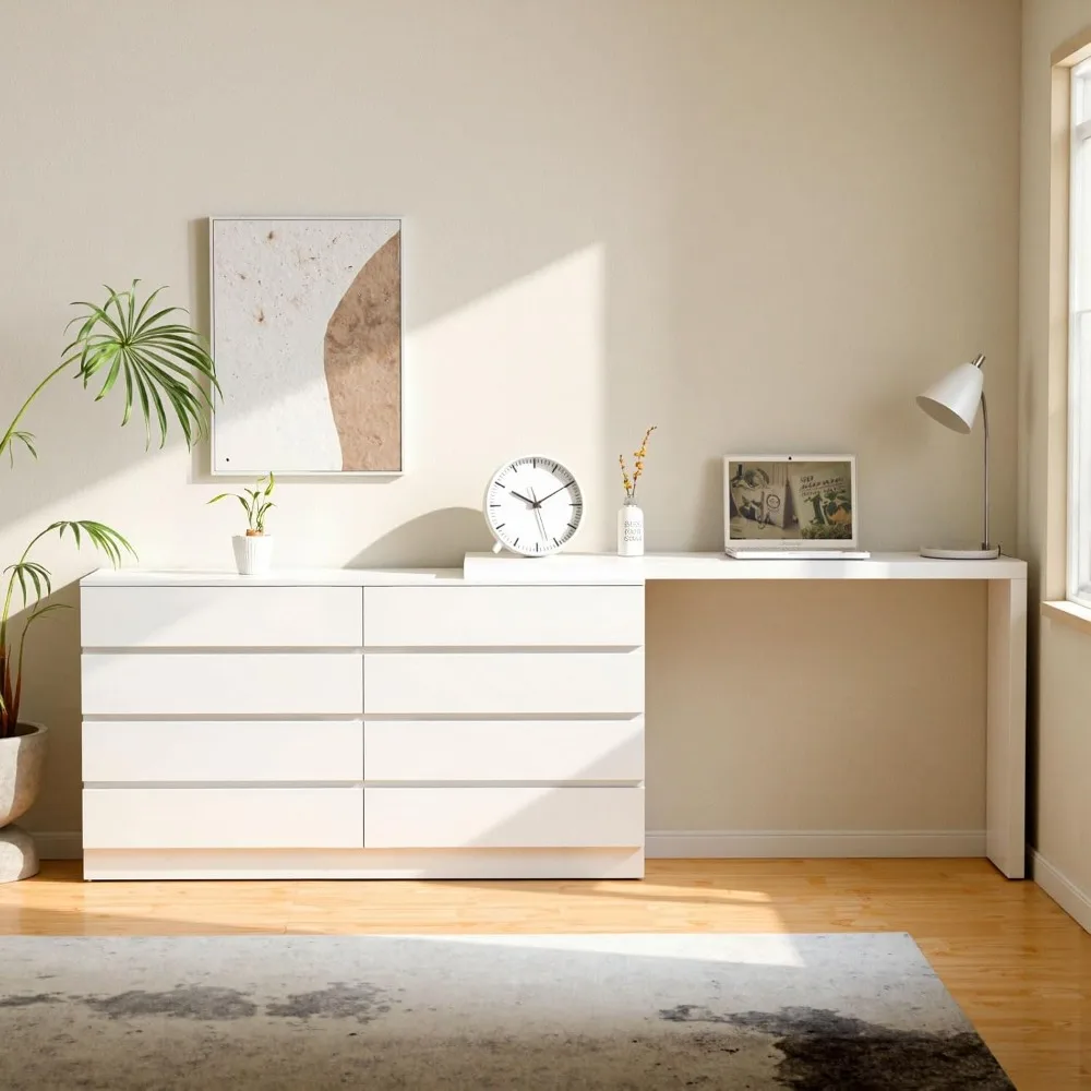 

8 Drawer Vanity Dresser Combo with Extendable Table & L-Shaped Desk, White MDF Large Dresser for Bedroom, Adjustable Makeup Dres