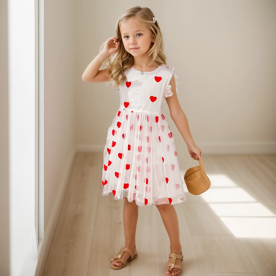 Girl Dresses Heart Pattern Dress For Girls Casual Style Child Dress Summer Girls Costumes Kids 6 8 10 12 14