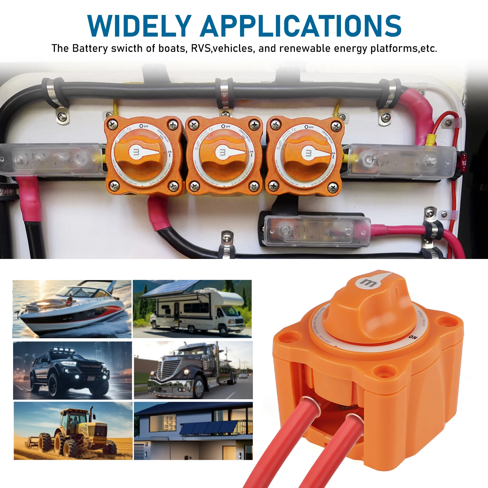 

M-Series 2 Positions ON-OFF Isolator Battery Switch Single Circuit Cable Lug and Heat Shrink 300A 48V M10 For Marine Boat Car RV