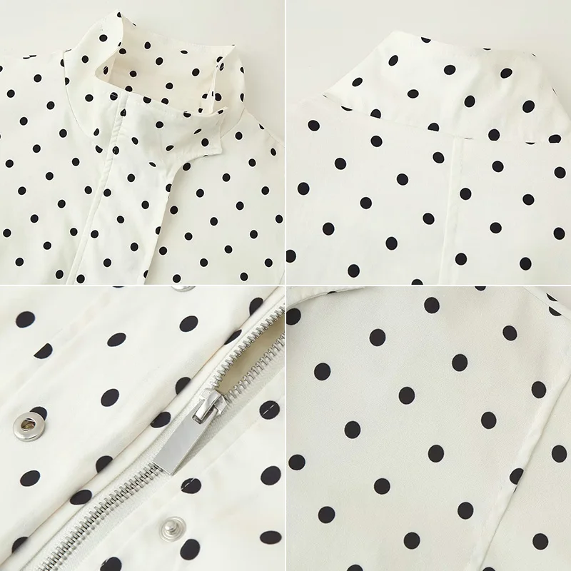 Talenza Elegant Polka Dot Jacket Women Autumn Standing Collar Drawstring Contrast Casual Coats Streetwear Female Chic Outwear