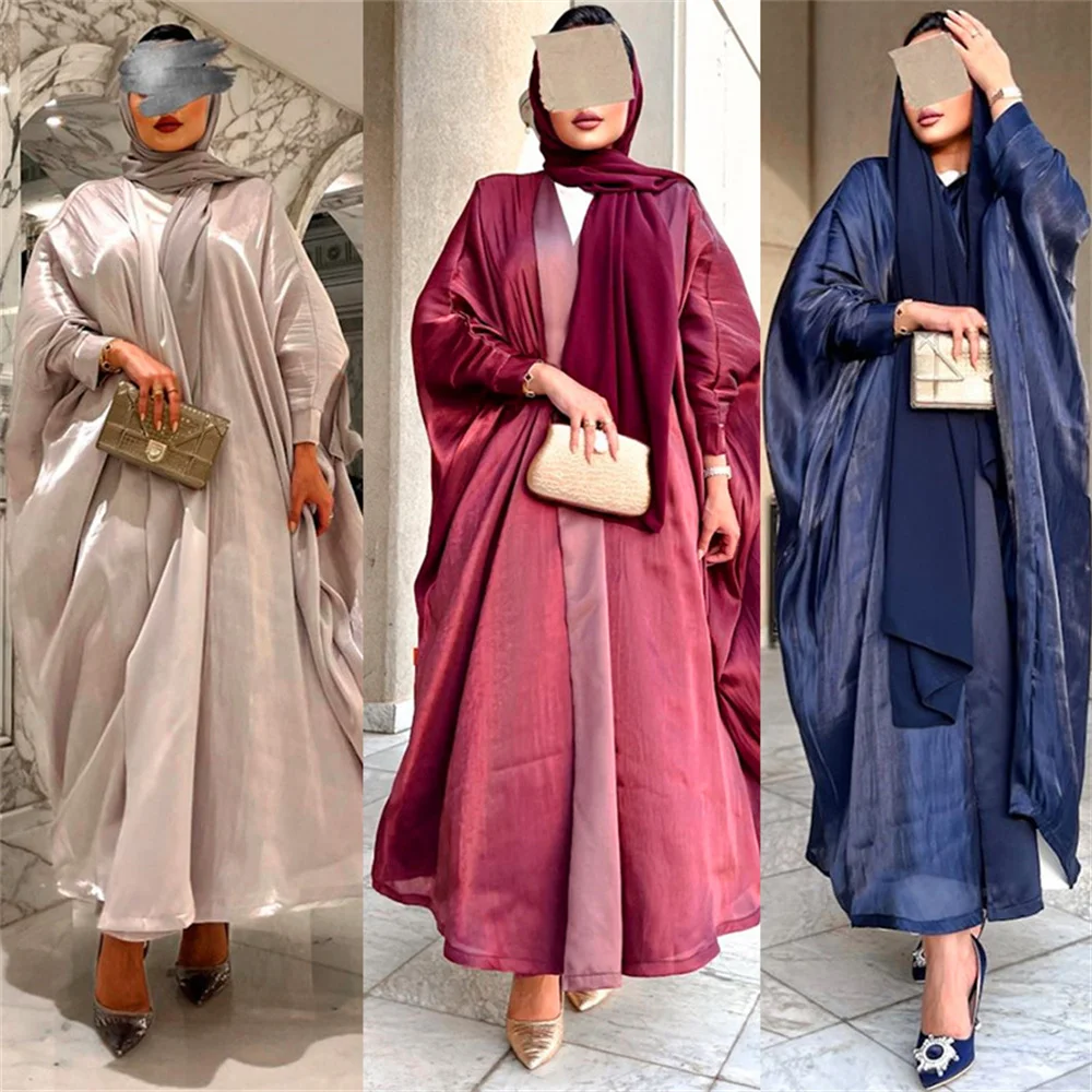 Abito donna Abaya musulmano Batwing Abaya marocco caftano abiti 2024 New Pink Ramadan Dubai arabo raso di seta Kimono Cardigan Robe