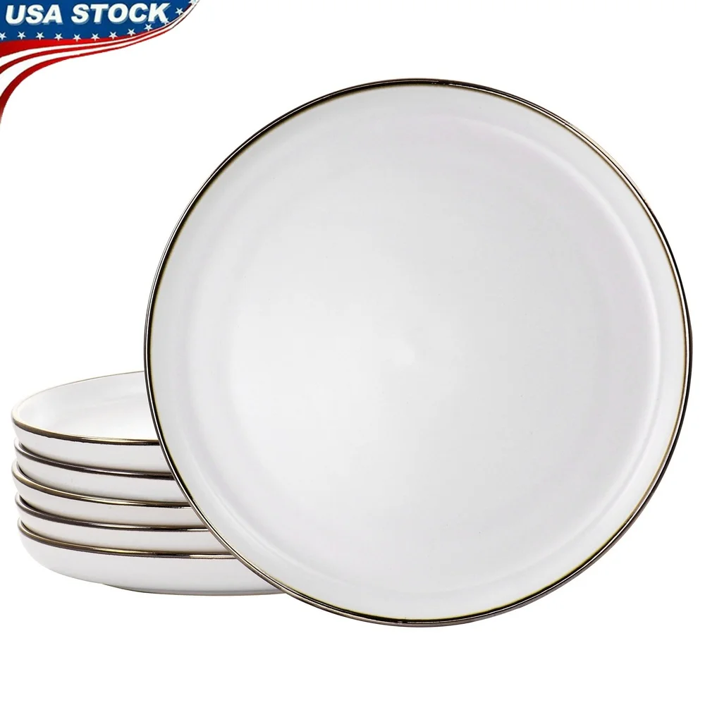 

6 Piece Stoneware Dinner Plate Set Microwave Dishwasher Safe Flat Base Raised Rim Gold Trim Round White