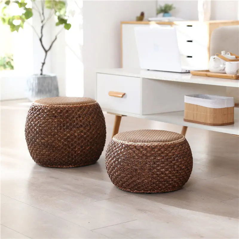 Solid Wood & Handwoven Rattan Drum Stool, Natural Bohemian Ottoman for Tatami, Entryway Shoe Bench, Round Seat with Sturdy Frame