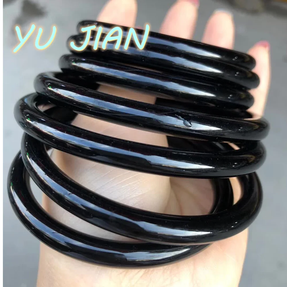 

New Natural Fine A Grade Pure Black Chalcedony Bangles Small Round Bar Crystal Clear Jade Delicate Handring Exquisite Jewelry