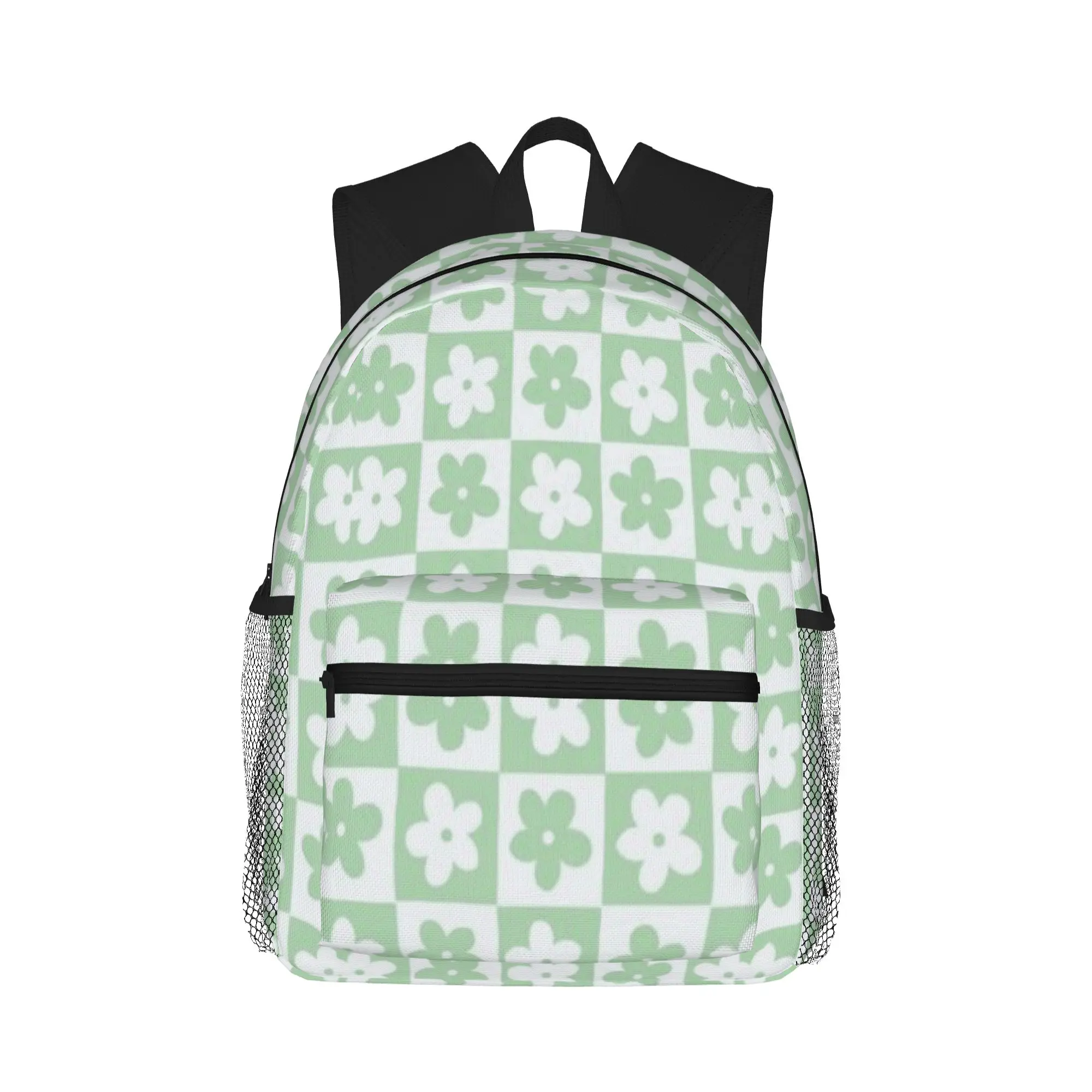 Light Pastel Green and White Checkered Squares with Flowers  Casual Backpack for Students and Adults Backpacks
