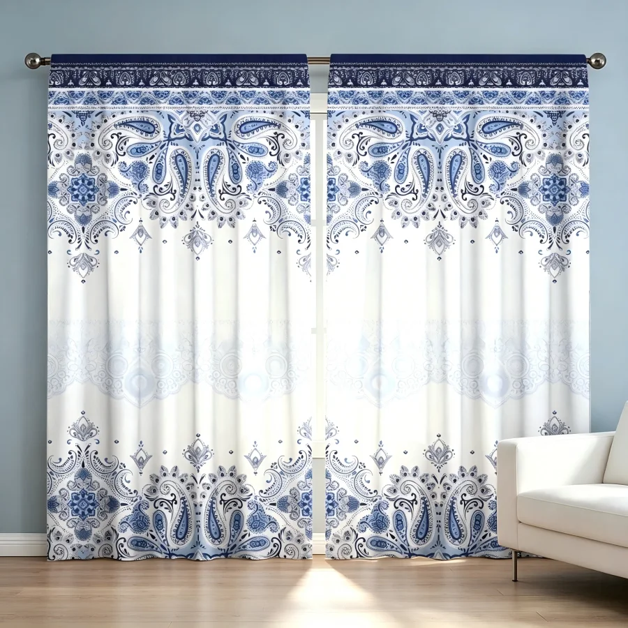 2PCS Digital Print  Curtain, Blue White Paisley, Bohemian Style  Curtain Panel for Home Living Room Bedroom Decor