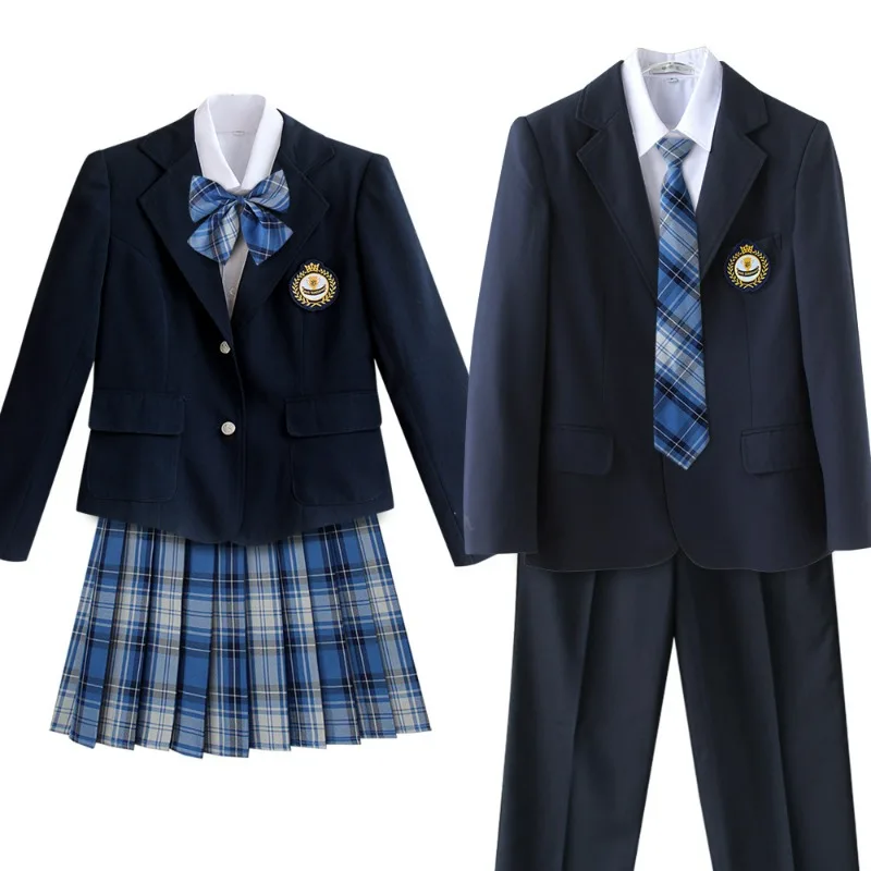 5PCS 유니섹스 한국 영국 일본 학교 유니폼 복장 애니메이션 코스프레 의상 세트 블레이저 셔츠 타이 배지 격자 무늬 스커트