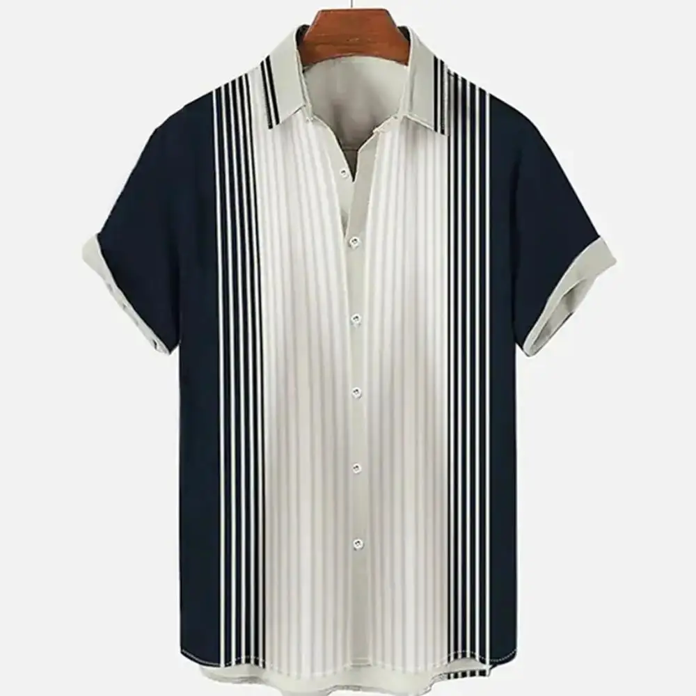 Simple Stripe Men\'s Hawaiian Shirt Casual Short Sleeve Men European Size 2023 Fashion Caual Breathable Tops