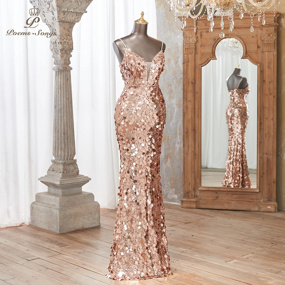 Elegant Rose Gold Sequin Mermaid Evening Dress V-Neck Spaghetti Strap vestidos de noche Elegant Formal Wear for Special Occasion