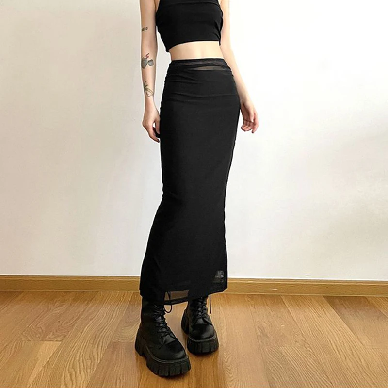 MEXZT Y2K Black Long Skirts Women Harajuku Sexy Mesh Patchwork Wrap Skirt Summer Gothic Korean High Waist Slim A Line Faldas New