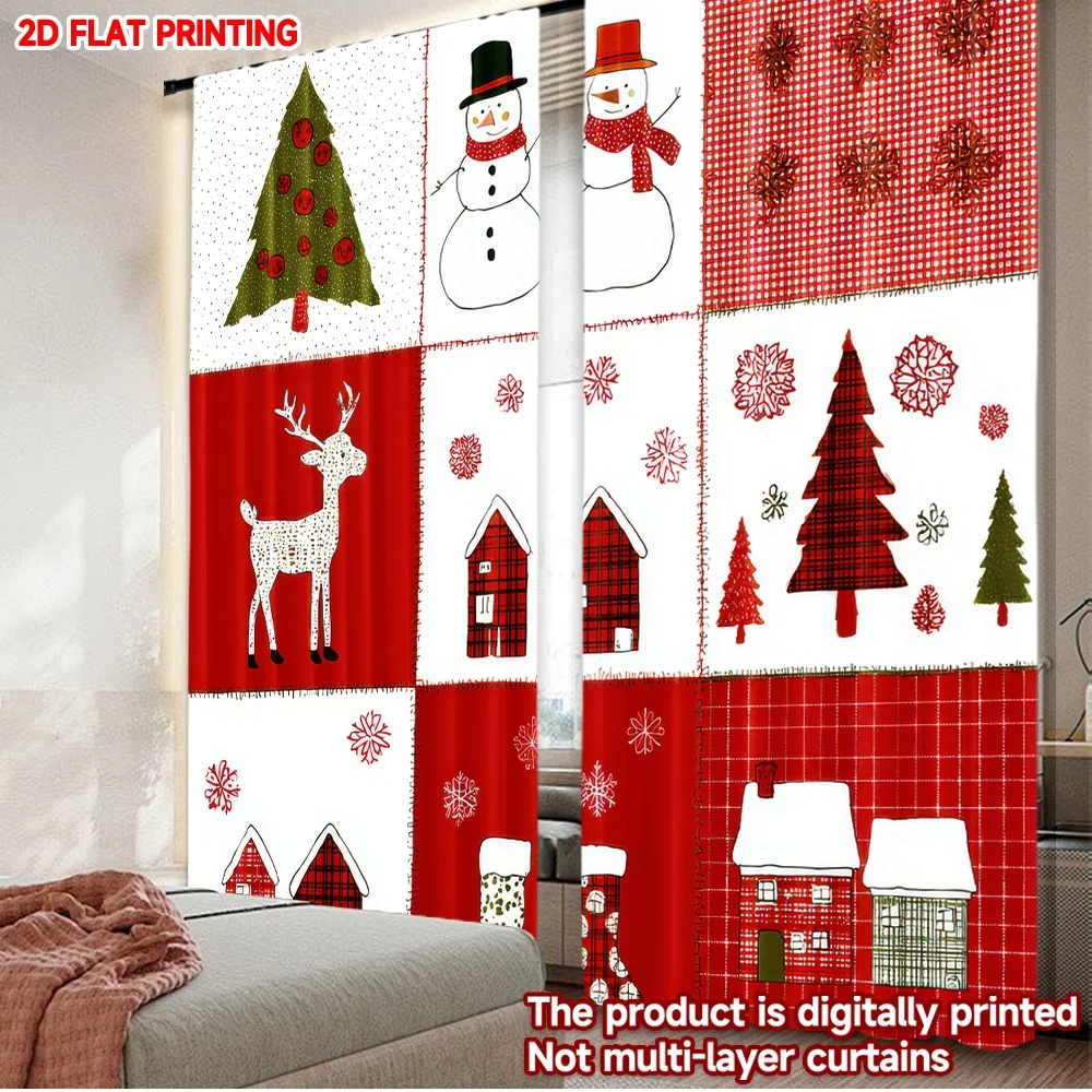 2D-Flachdruck, 2 Stück, klassische Weihnachtsvorhänge, Weihnachtsschneemann und Rentier, langlebige Polyesterfaser, Familienparty für alle
