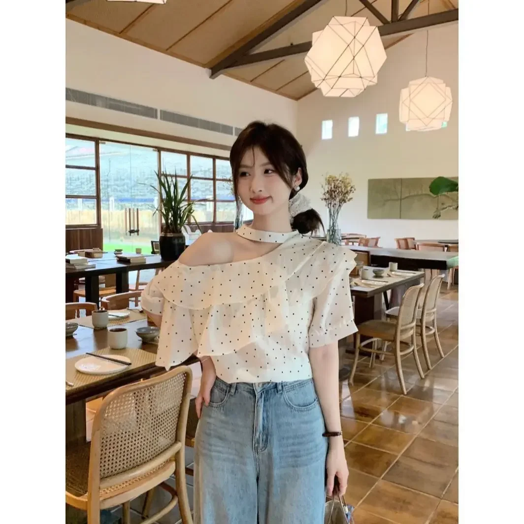 

Summer Blouse Sweet Women Tops Simple Polka Dot Off Shoulder Ruffle Halter Chiffon Shirt Korean Fashion Blusas Mujer