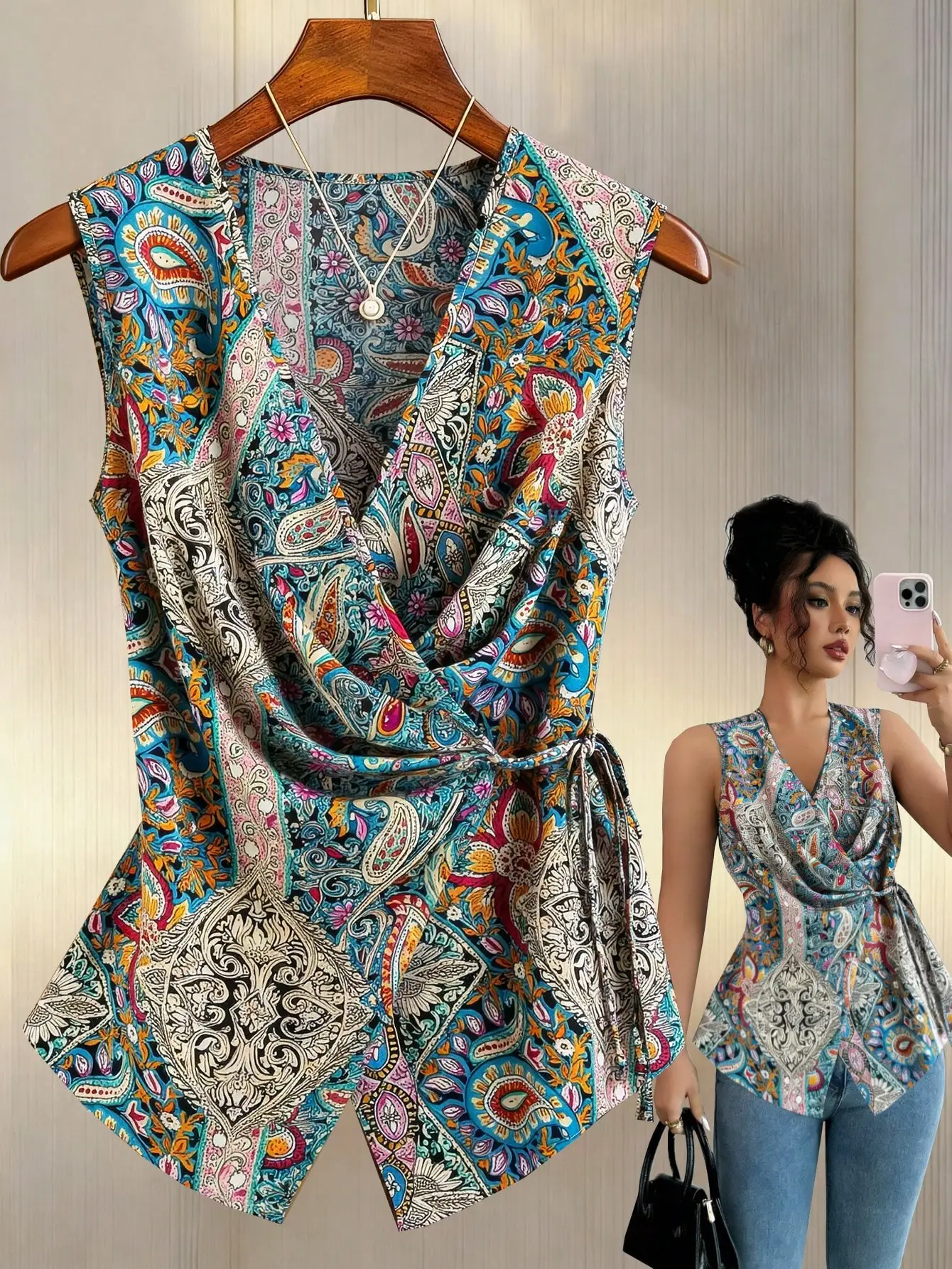 

Retro Colorful Paisley V-Neck Criss-Cross Tie Sleeveless Slim Fit Blouse Casual Summer Top